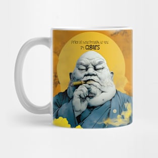 Puff Sumo: Peace of Mind Brought to you by Cigars on a Dark Background Mug